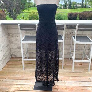 Vintage 90s Y2K B. Smart Black Maxi Sheer Lace Strapless Tube Top Long Dress